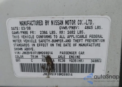2008 Infiniti G35X from USA, damaged, VIN JNKBV61F18M269014